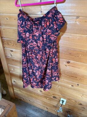 2 in 1 :Black Off-Shoulder Floral Dress with Red Flowers/ Maxi skirt with ruffle